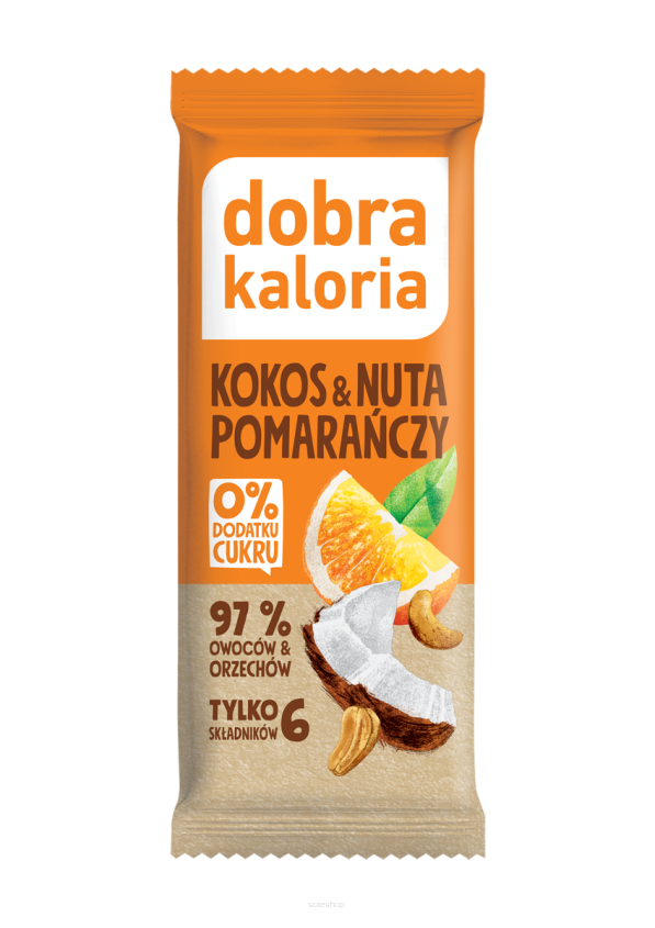 BATON DAKTYLOWY KOKOS & NUTA POMARAŃCZY BEZ DODATKU CUKRÓW 35 g - KUBARA (DOBRA KALORIA)