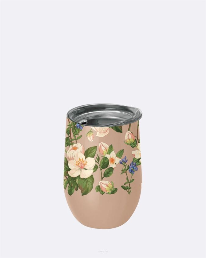 KUBEK ZE STALI NIERDZEWNEJ Z POKRYWKĄ BEŻOWY W KWIATY 420 ml - CHIC-MIC
