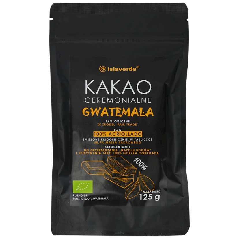 KAKAO CEREMONIALNE - TABLICZKA GORZKA 100 % KAKAO BIO 125 g - ISLAVERDE (SEGURA)
