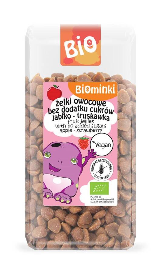 ŻELKI OWOCOWE BEZ DODATKU CUKRÓW JABŁKO - TRUSKAWKA BEZGLUTENOWE BIO 400 g - BIOMINKI