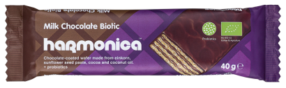 WAFELEK Z SAMOPSZY Z KREMEM MLECZNO - KAKAOWYM W POLEWIE Z MLECZNEJ CZEKOLADY Z PROBIOTYKAMI BIO 40 g - HARMONICA