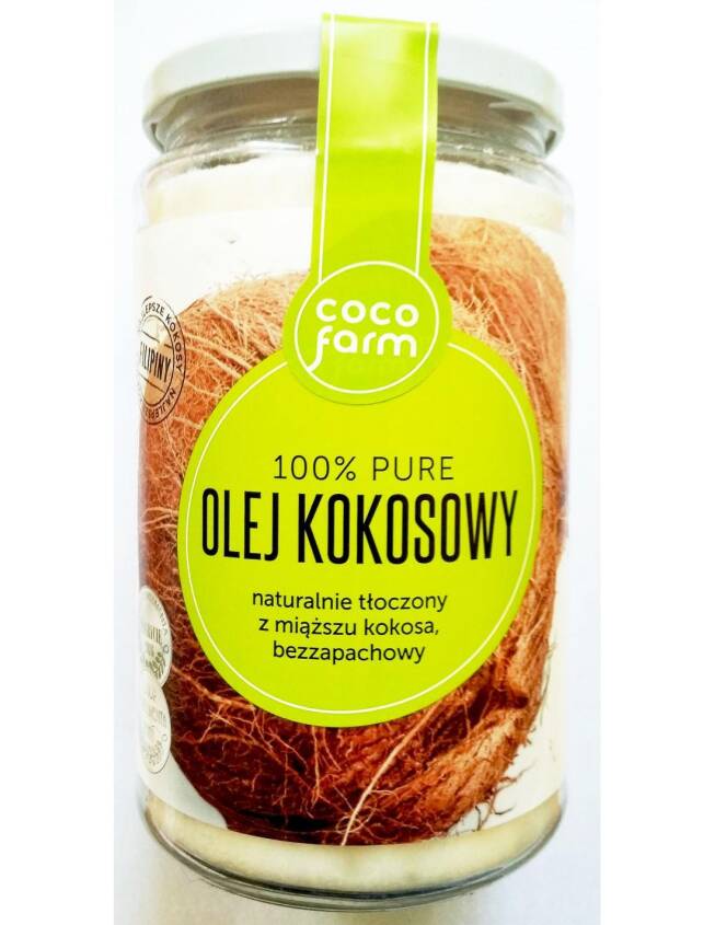 Olej kokosowy 100% PURE naturalnie tłoczony z kokosów z miąższu kokosa,  bezzapachowy 640g - Coco Farm