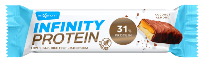 BATON PROTEINOWY Z KARMELEM, KOKOSEM I MIGDAŁAMI W CZEKOLADZIE MLECZNEJ BEZGLUTENOWY 55 g - MAXSPORT