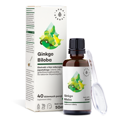 Ginkgo Biloba, ekstrakt Miłorząb Japoński 50:1 45 mg, płyn 50 ml Aura Herbals 