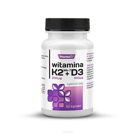 Witaminy K2Mk7+D3 4000 -  200µg+100µg, opatentowana, europejska postać witaminy K, witamina D z lanoliny 60 kapsułek - PharmoVit