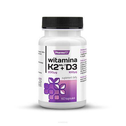 Witaminy K2Mk7+D3 4000 -  200µg+100µg, opatentowana, europejska postać witaminy K, witamina D z lanoliny 60 kapsułek - PharmoVit