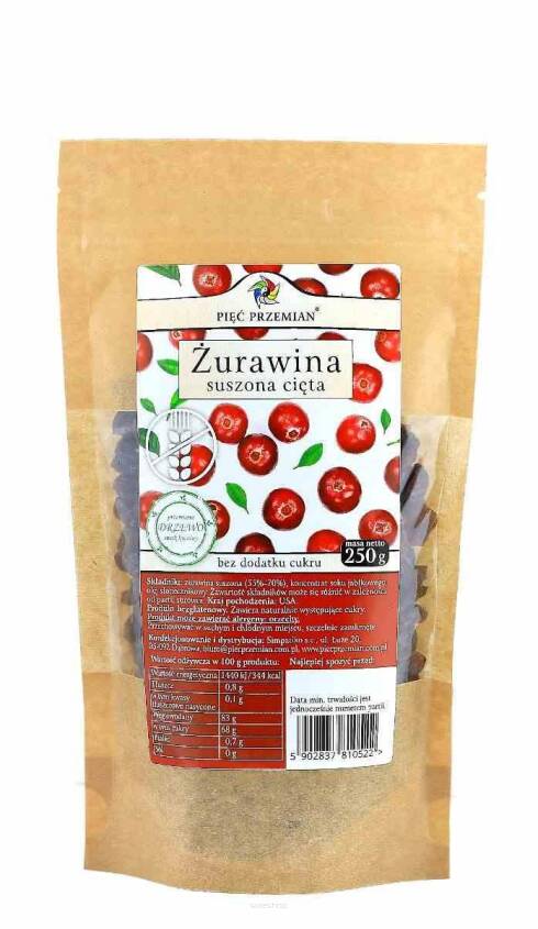 Żurawina suszona z sokiem jabłkowym cięta 250 g - Pięć Przemian