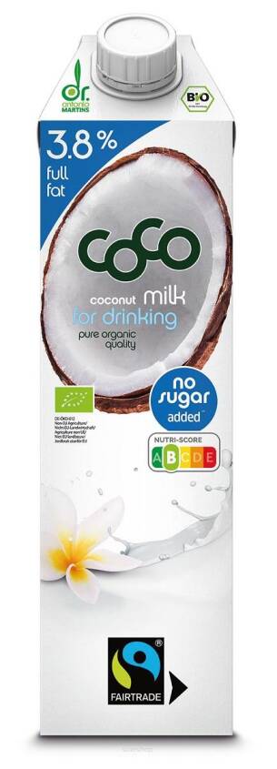 COCONUT MILK - NAPÓJ KOKOSOWY DO PICIA 3,8 % TŁUSZCZU BEZ DODATKU CUKRÓW FAIR TRADE  BIO 1 L - COCO (DR MARTINS)