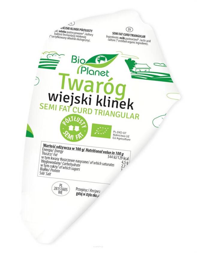 TWARÓG WIEJSKI KLINEK PÓŁTŁUSTY BIO (około 0,25 kg) - BIO PLANET