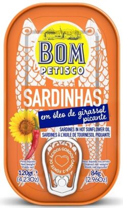SARDYNKI PORTUGALSKIE W PIKANTNYM OLEJU SŁONECZNIKOWYM 120 g (84 g) - BOM PETISCO