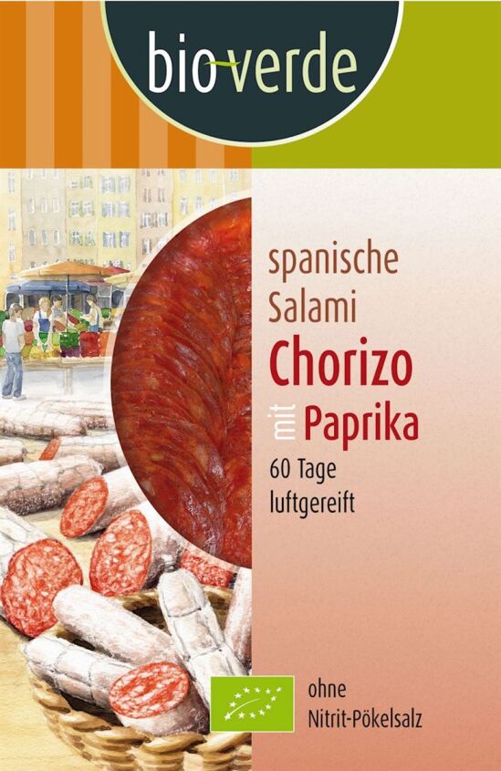 SALAMI CHORIZO Z PAPRYKĄ PLASTRY BIO 80 g - BIO-VERDE