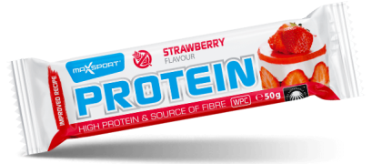 BATON PROTEINOWY O SMAKU TRUSKAWKOWYM W BIAŁEJ POLEWIE BEZGLUTENOWY 50 g - MAXSPORT