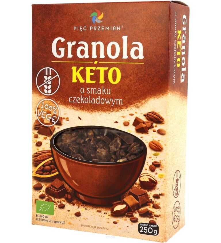 Granola KETO o smaku czekoladowym bezglutenowa BIO 250 g - Pięć Przemian
