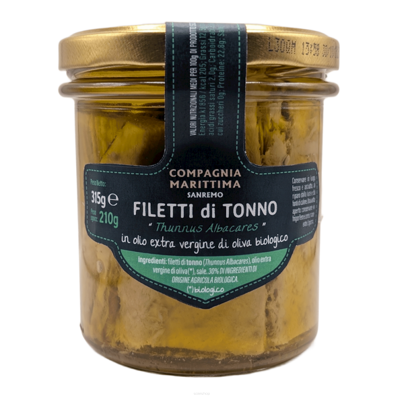 TUŃCZYK ŻÓŁTOPŁETWY FILETY W BIO OLIWIE Z OLIWEK EXTRA VIRGIN 315 g (SŁOIK) - COMPAGNIA MEDITERRANEA