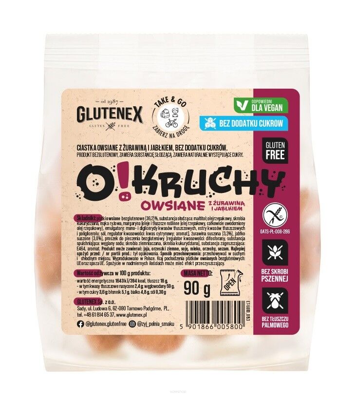 CIASTKA OWSIANE Z ŻURAWINĄ I JABŁKIEM BEZ DODATKU CUKRÓW BEZGLUTENOWE O!KRUCHY 90 g - GLUTENEX