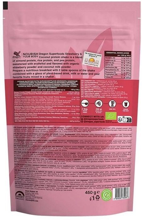 Shake proteinowy truskawka i kokos, 50% białka z amino kwasami, z erytrytolem, bezglutenowy BIO 450 g