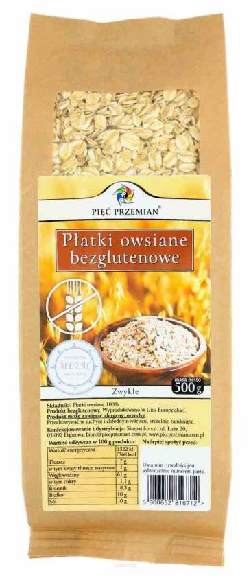 Płatki owsiane bezglutenowe zwykłe 500 g - Pięć Przemian