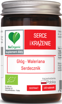 TABLETKI WSPOMAGAJĄCE SERCE I KRĄŻENIE (GŁÓG, WALERIANA, SERDECZNIK) BIO 100 szt. (500 mg) - BE ORGANIC