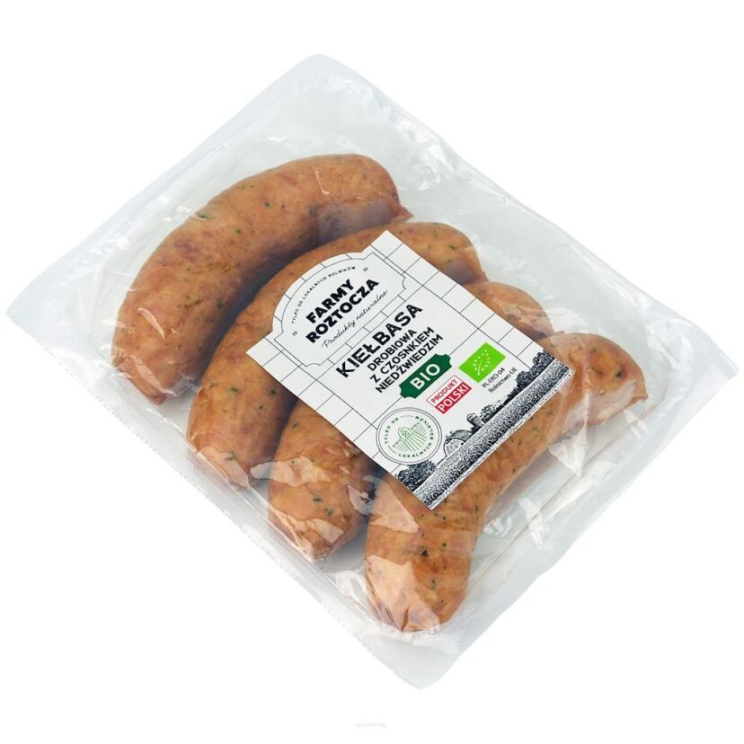 KIEŁBASA DROBIOWA Z CZOSNKIEM NIEDŹWIEDZIM BIO (około 0,40 kg) - FARMY ROZTOCZA (NA ZAMÓWIENIE)