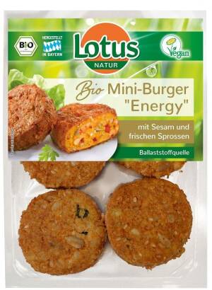 MINI BURGERY WARZYWNE Z TOFU, SEZAMEM I KIEŁKAMI FASOLI MUNG BIO 250 g - LOTUS