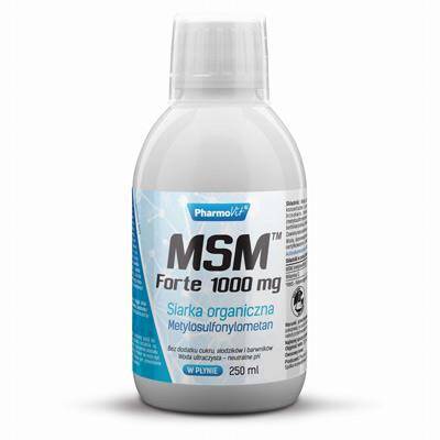 MSM Forte 1000mg - PŁYN siarka organiczna (metylosulfonylometan) 1000mg. Bez dodatku cukru, słodzików, barwników. Porcja 15ml = 16 dni suplementacji 250 ml - PharmoVit