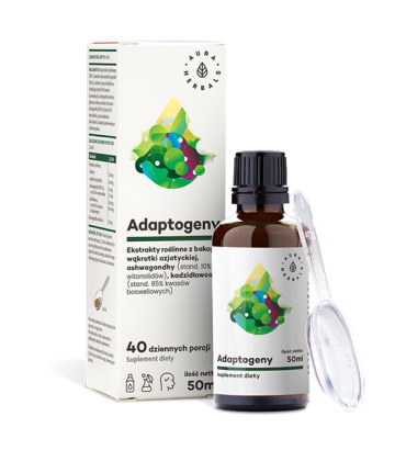 Adaptogeny - naturalne ekstrakty roślinne z Ashwagandhy, Bakopy, Kadzidłowca i Wąkrotki Azjatyckiej 50 ml Aura Herbals