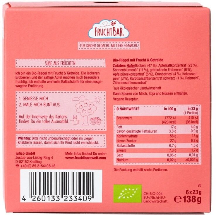 Batony zbożowe truskawka, jabłko, owies powyżej 12 miesięcy 6x BIO 23 g